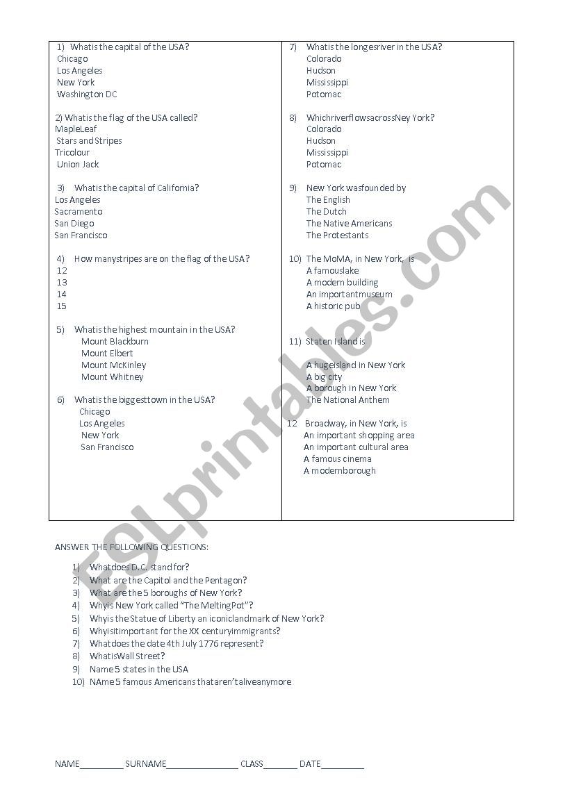 USA trivia quiz worksheet