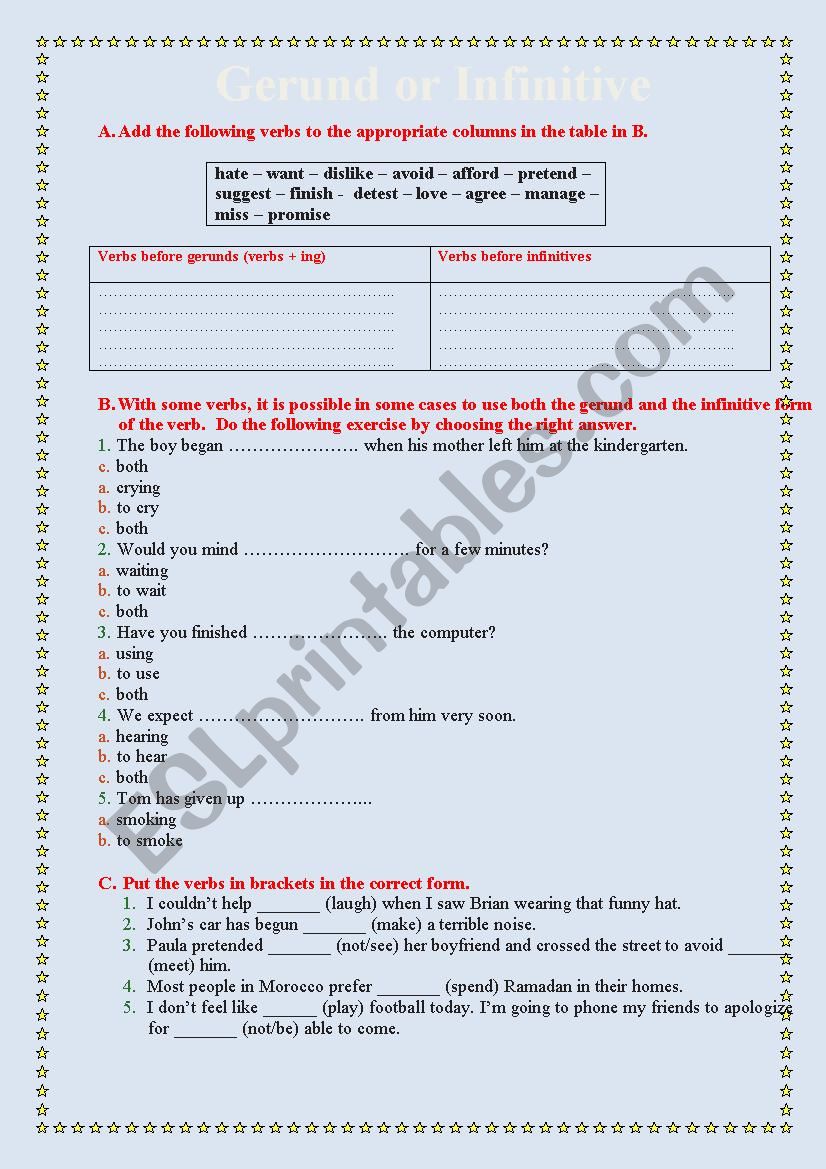 Gerund or Infinitive worksheet