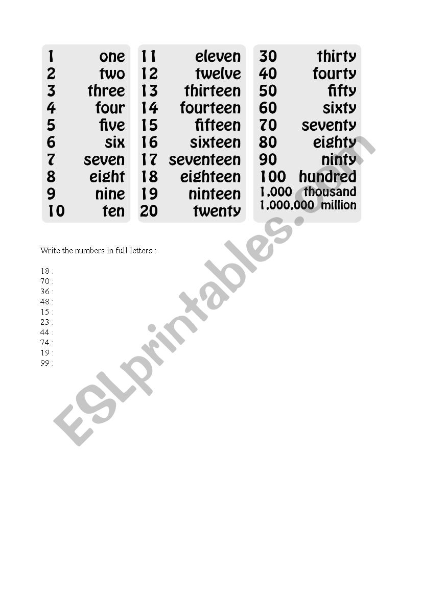 Numbers worksheet