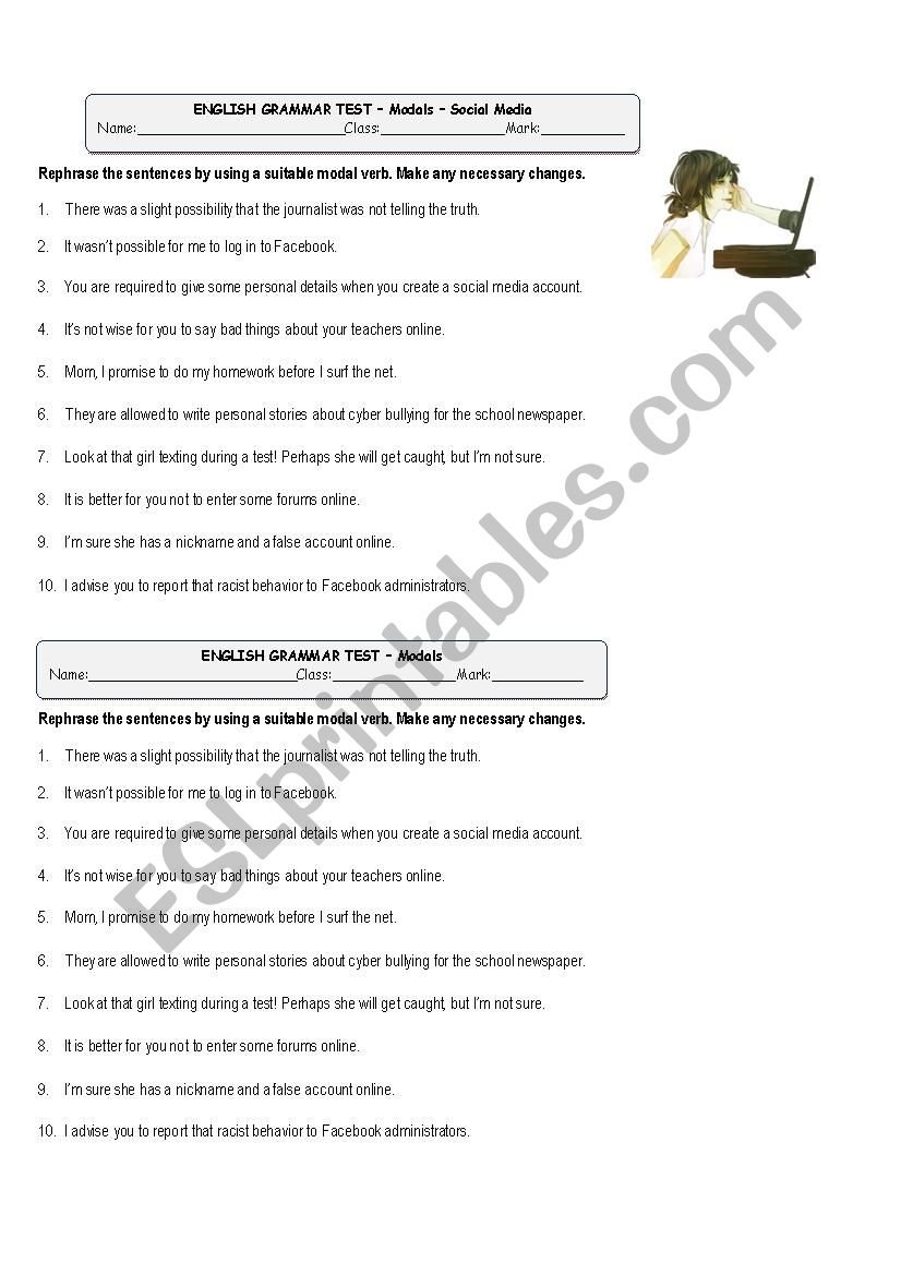 Modal verbs - mini test - Social Media