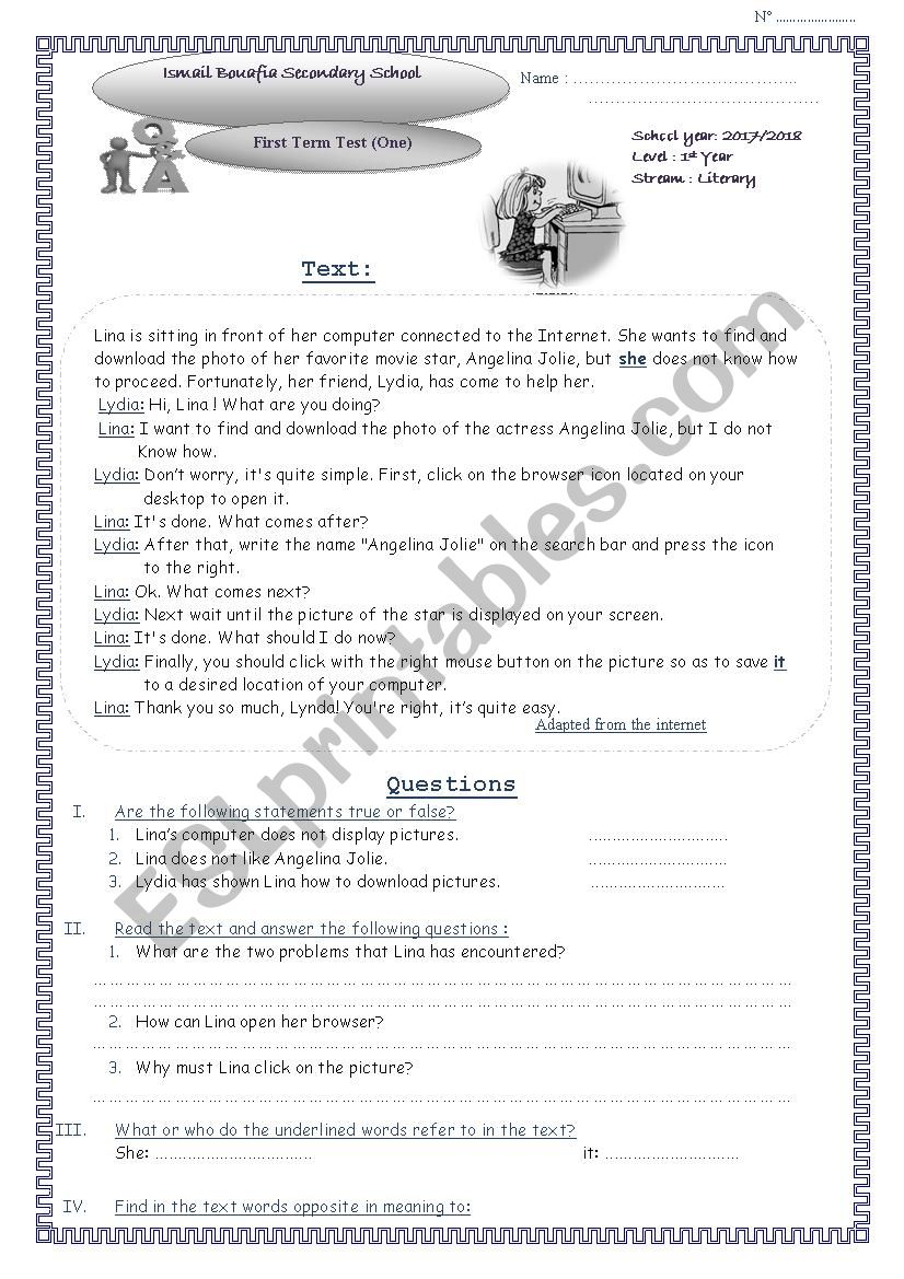 1L test worksheet