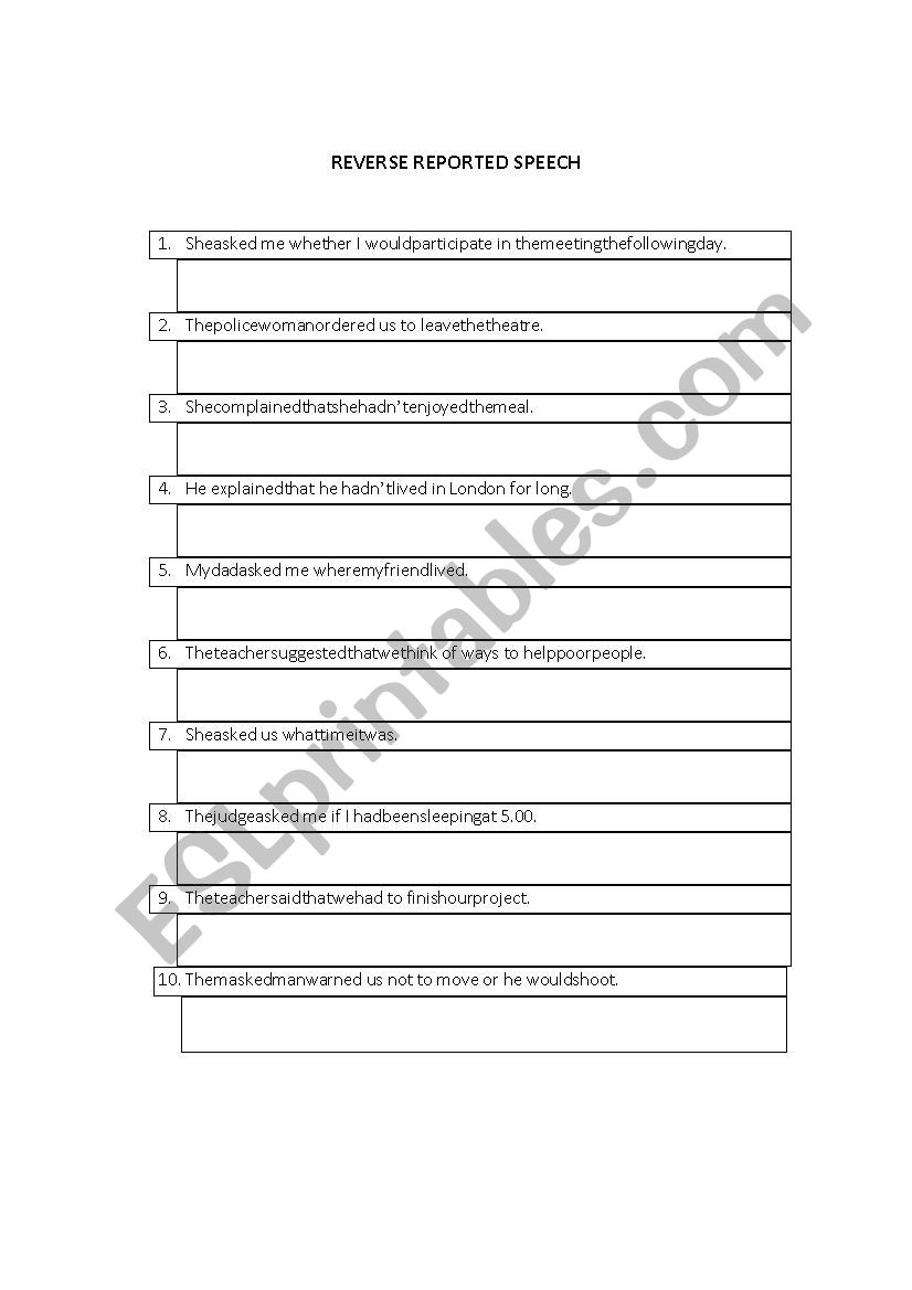 REVERSE REPORTED SPEECH worksheet