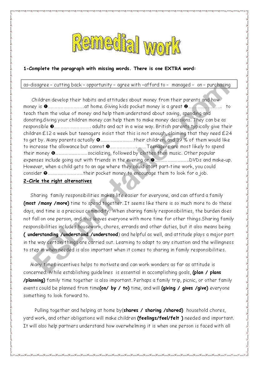 Remedial work 9th grade worksheet