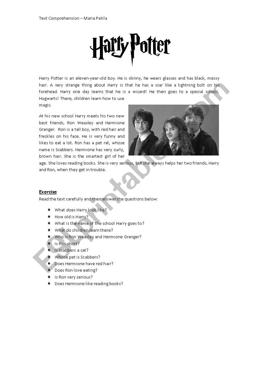 Harry Potter - Text Comprehension Activity
