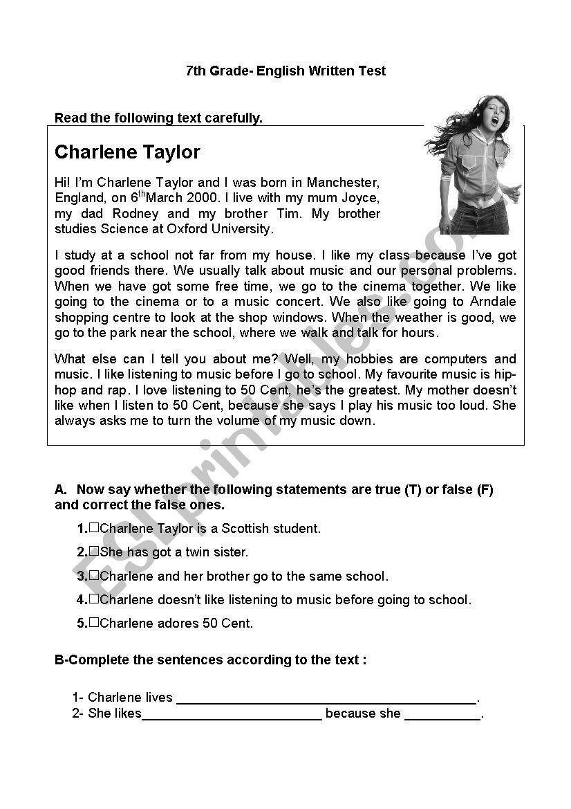 7th Grade- Written Test worksheet