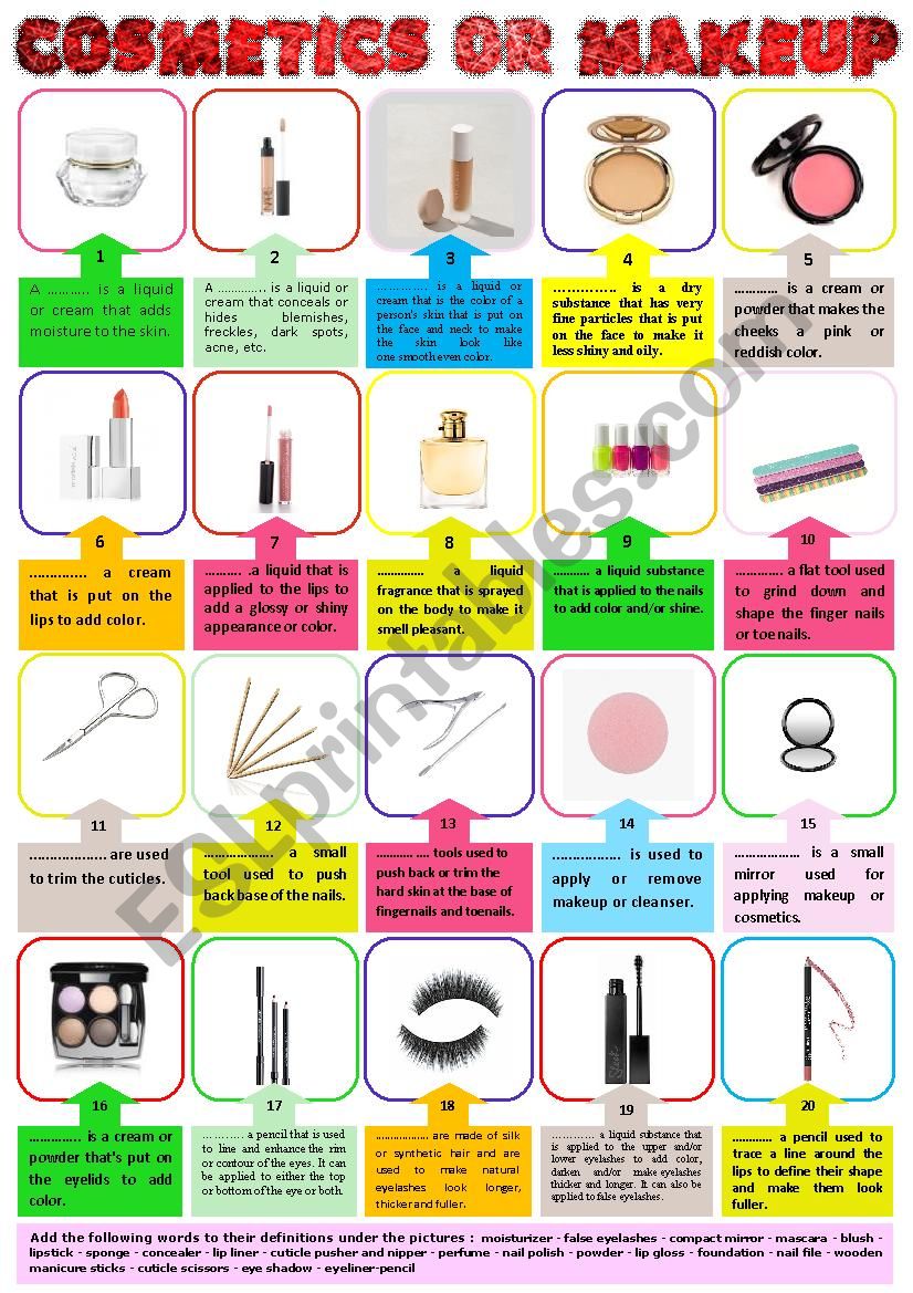 Cosmetics or Makeup Pictionary and definitions + KEY