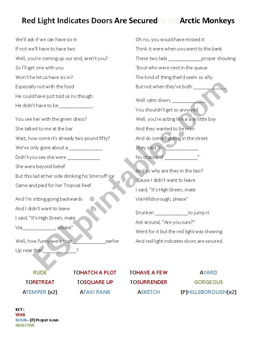 Song Worksheet: Arctic Monkeys - Red light indicates doors are secured