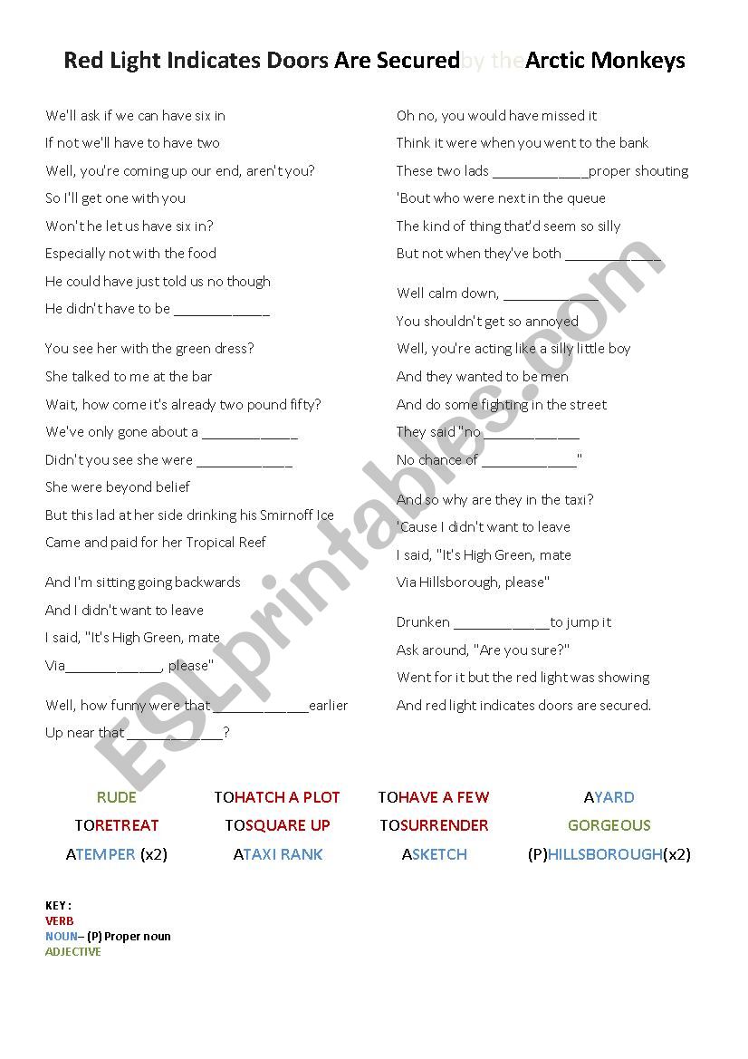 Song Worksheet: Arctic Monkeys - Red light indicates doors are secured