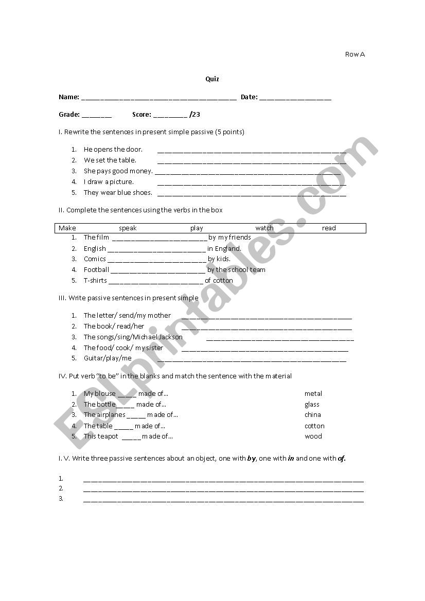 Passive Voice quiz worksheet