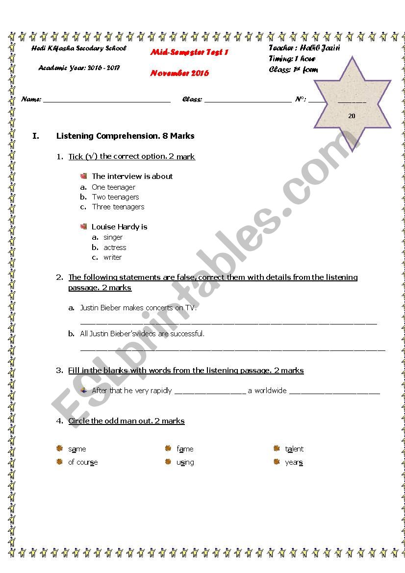 Mid Semester Test 1 worksheet