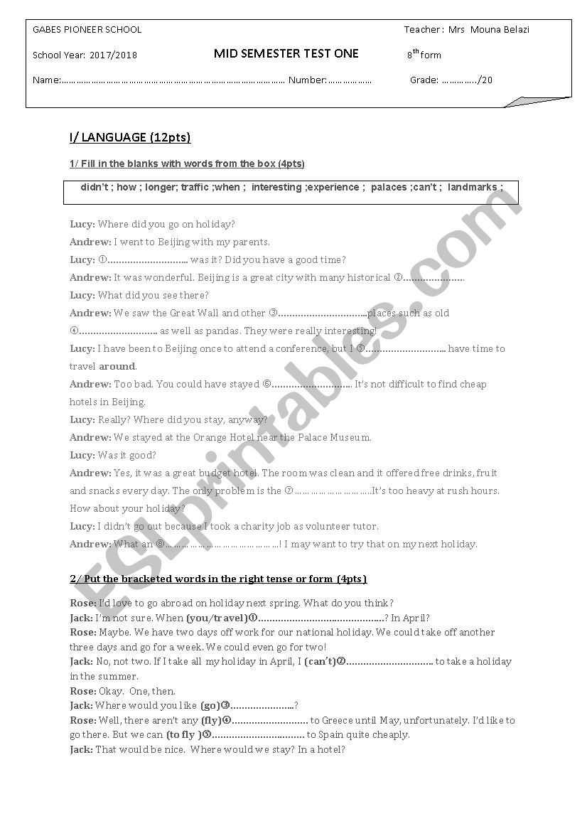 mid semester test 1 8th pilot school of gabes