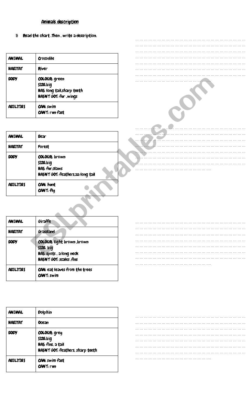 Animals description  worksheet