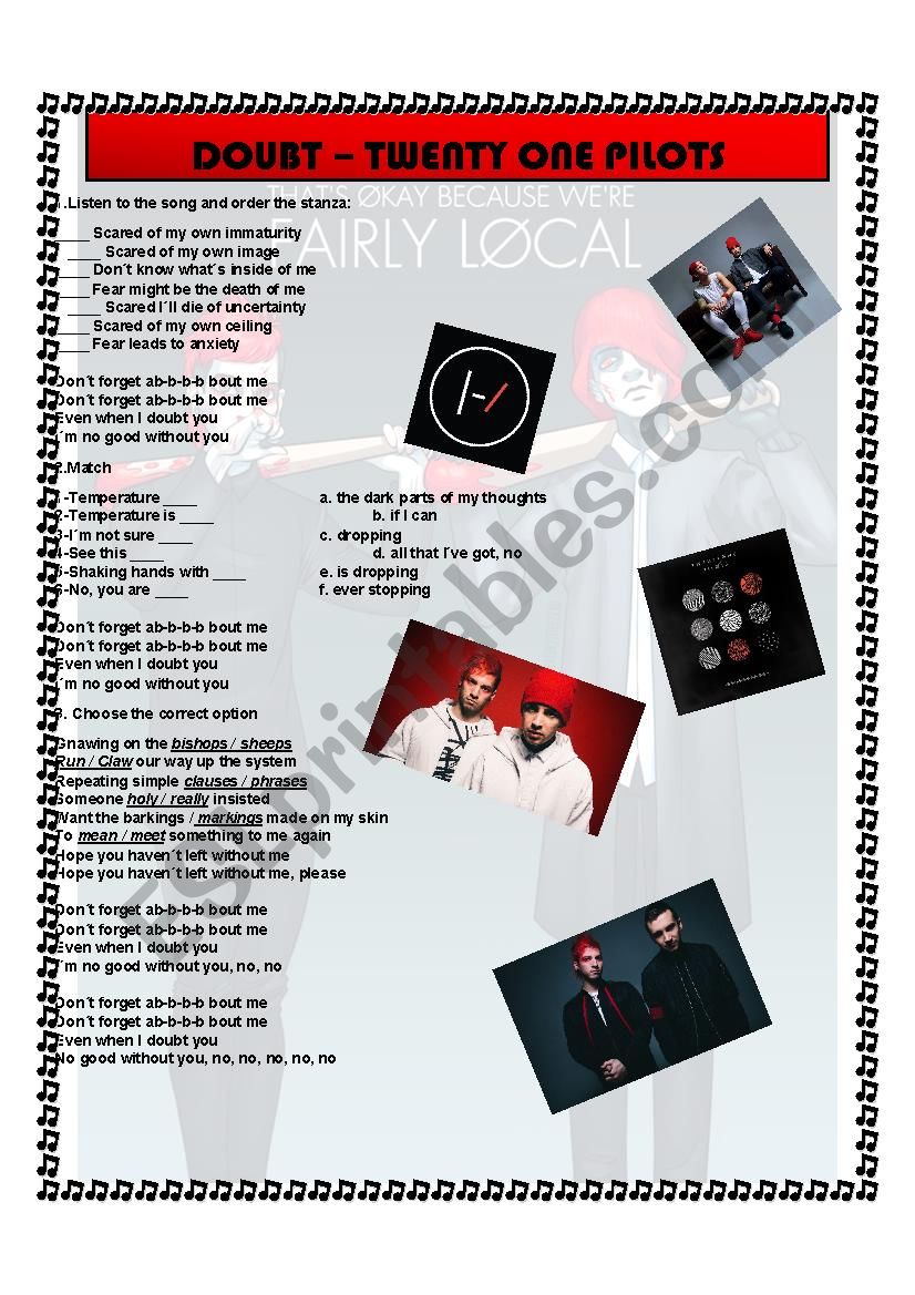 Twenty one pilots Doubt worksheet