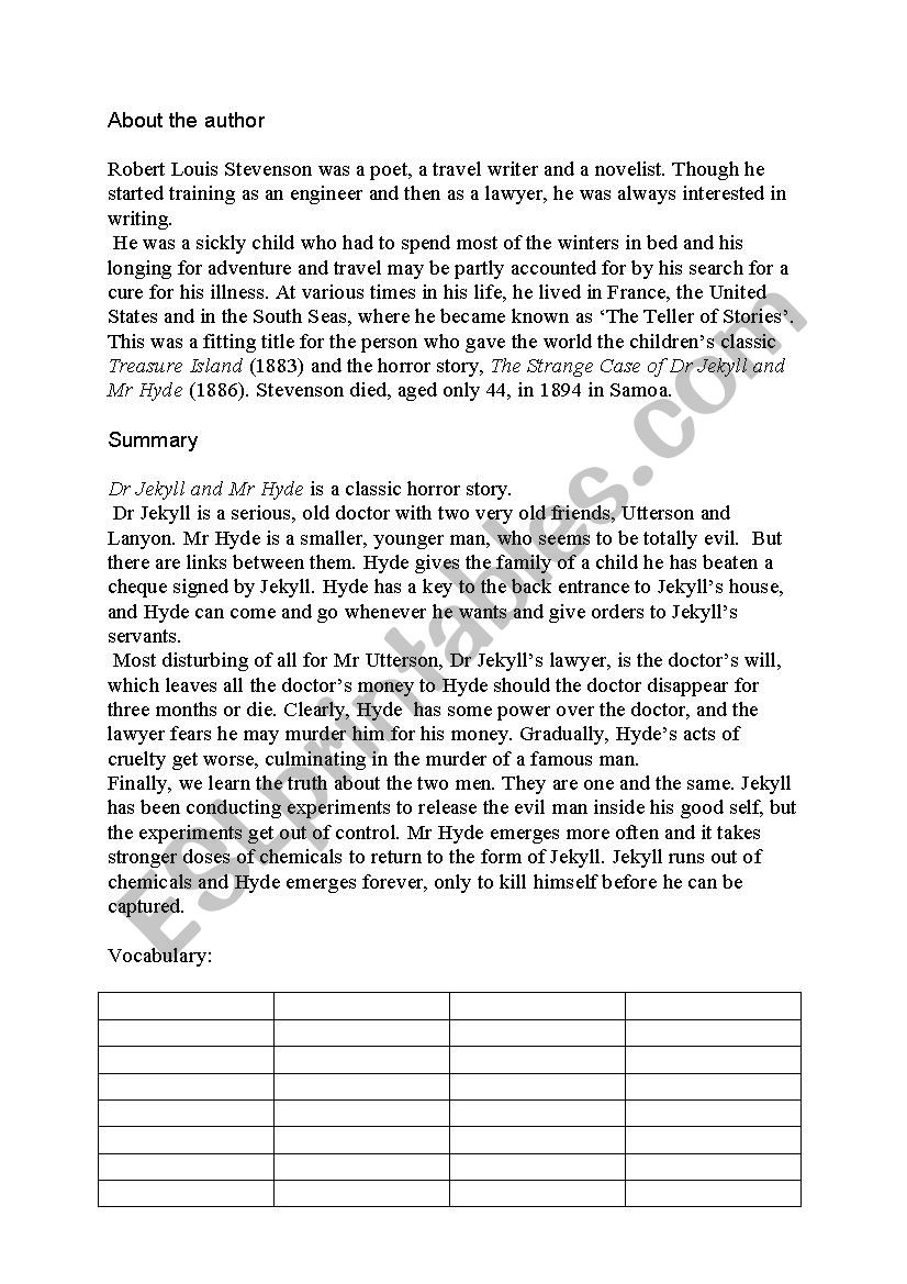 Dr.Jekyll and Mr Hyde worksheet