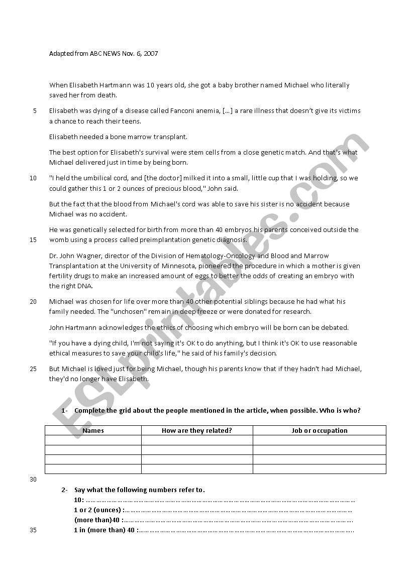 Genetics - ElizabethÂ´s story worksheet