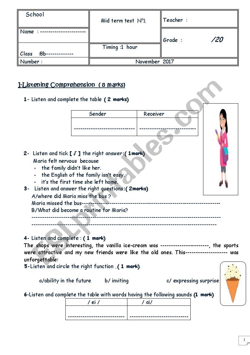 8thmid semester test worksheet