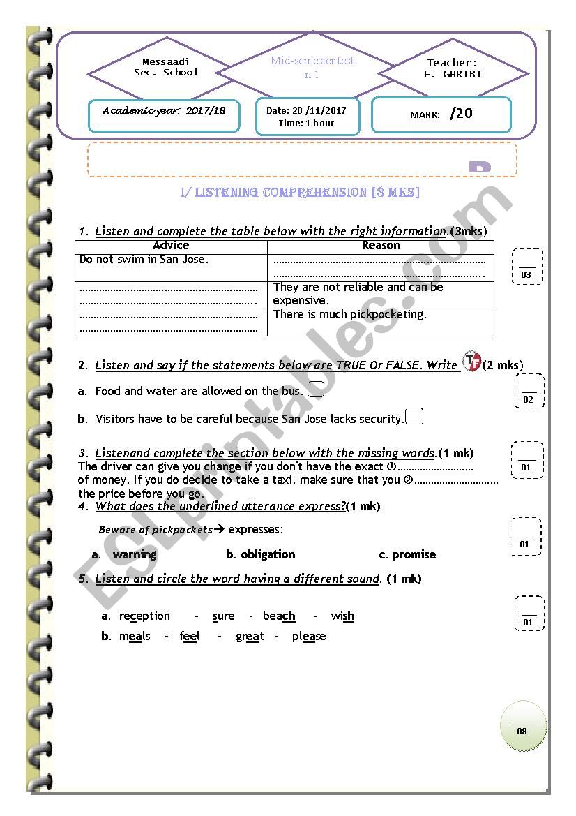 Mid-semester test 1  bac tech 2 