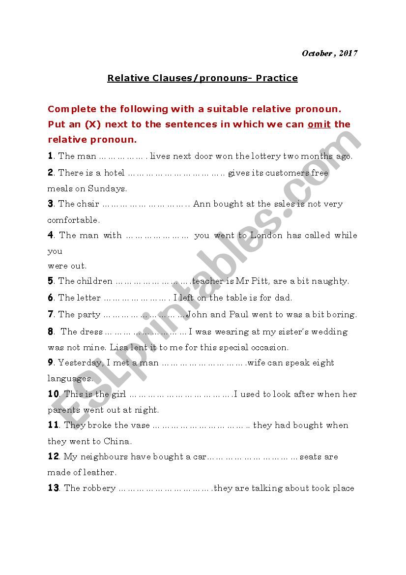 Relative Pronouns worksheet