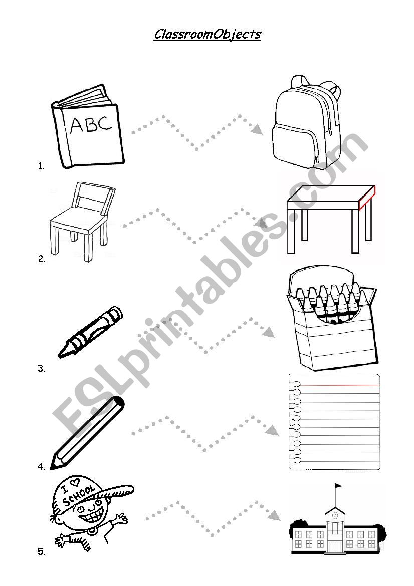 Classroom Objects matching worksheet