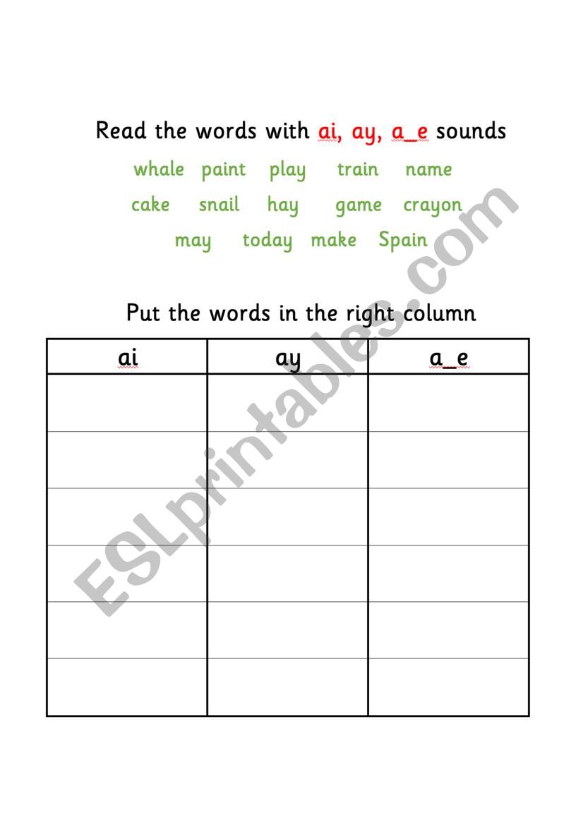 Phonics diagraphs ai, ay a_e worksheet