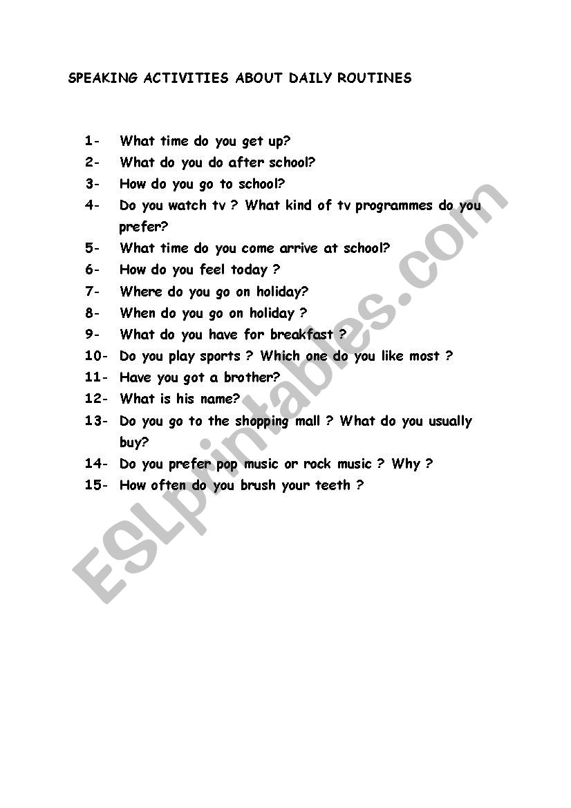 daily routines speaking drill worksheet
