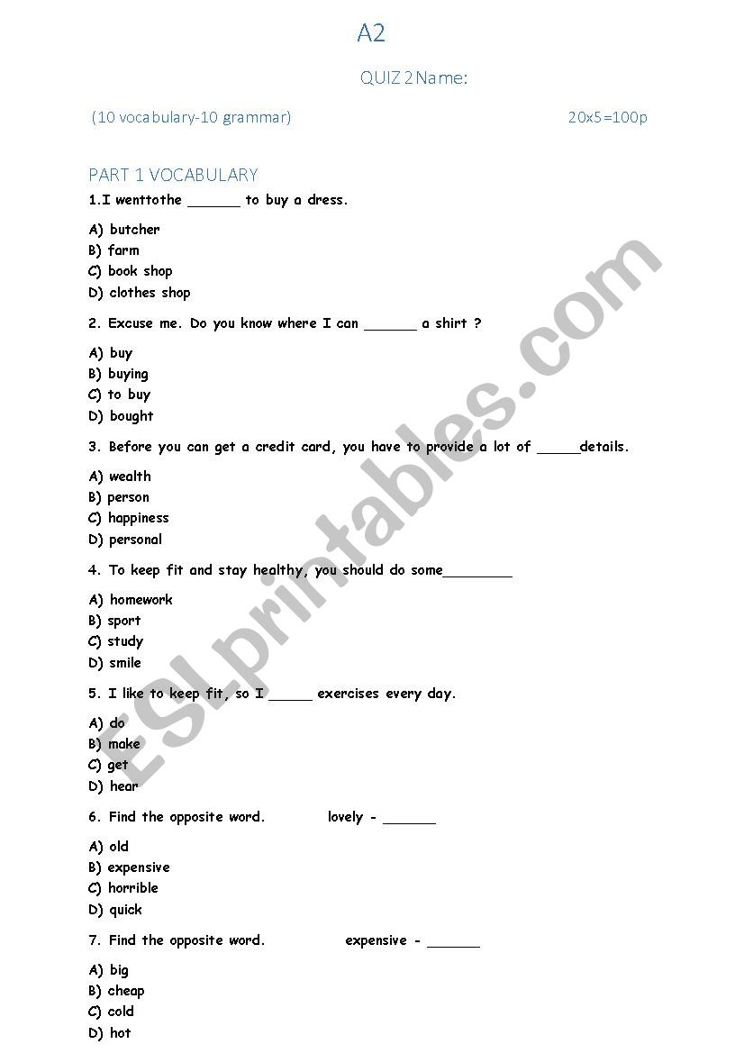 A2 QUIZ worksheet