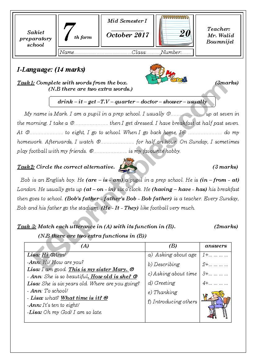 mid semester 1 test 7th form worksheet