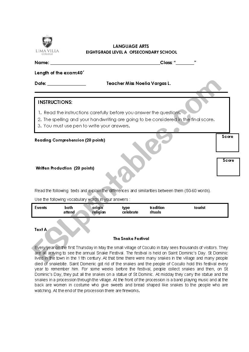 LANGUAGE ART EXAM worksheet