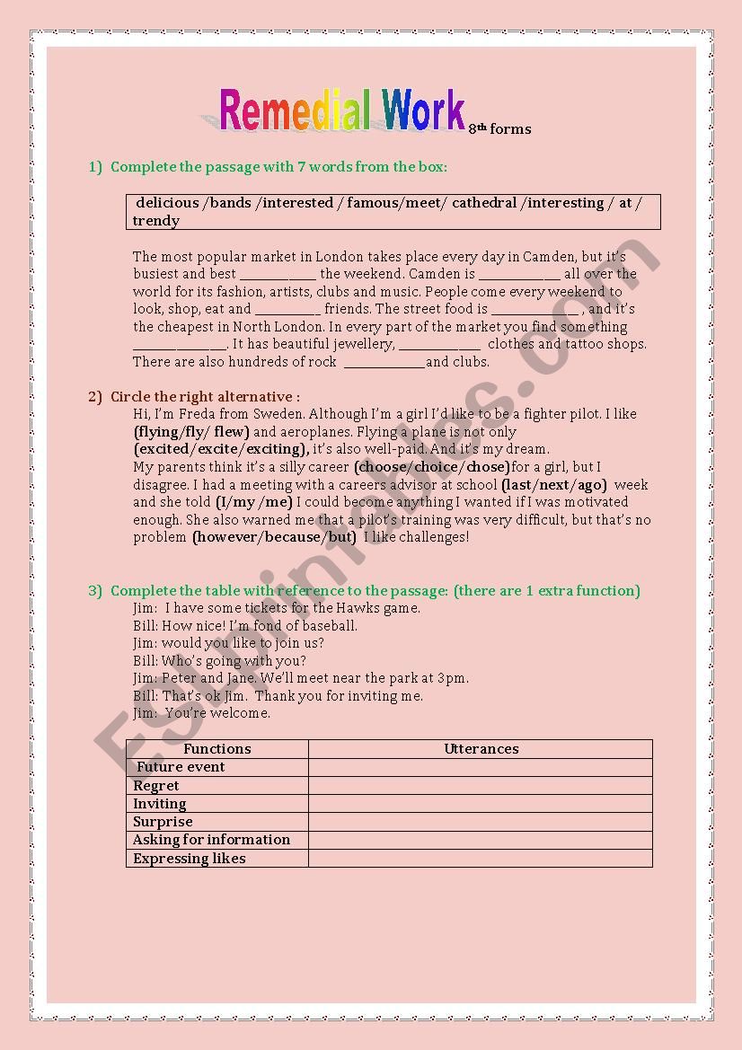 Remedial Work 8th forms worksheet