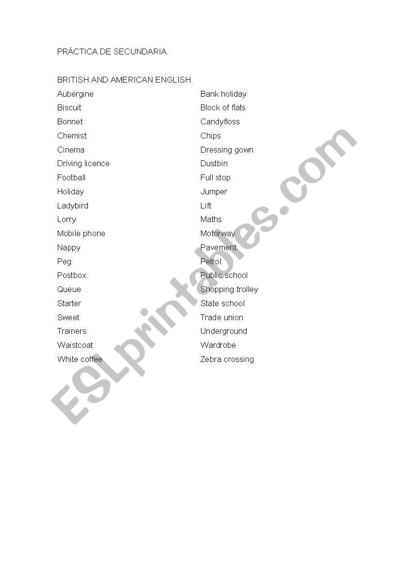 BRITISH AND AMERICAN ENGLISH worksheet