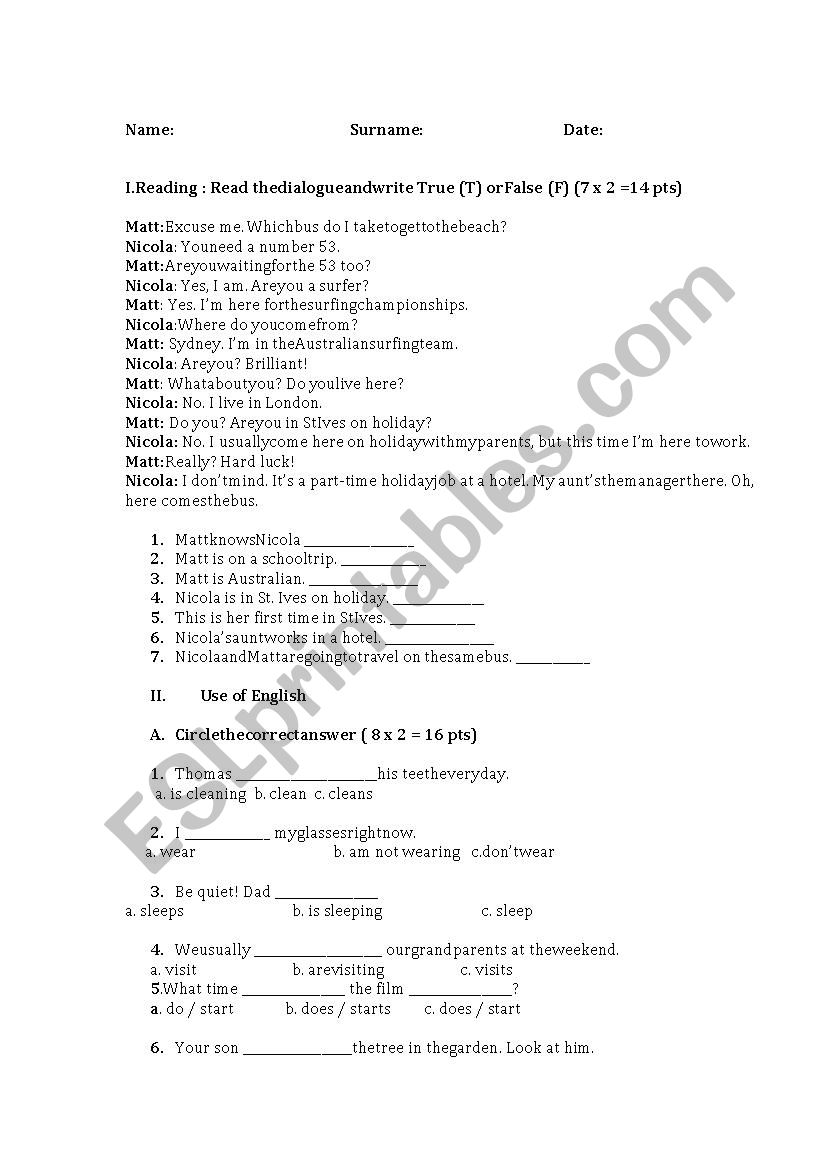 exam for 6th grades worksheet