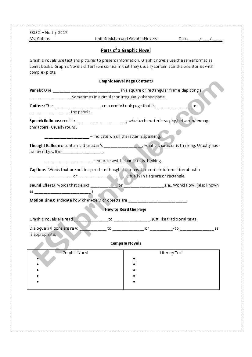 Parts of a Graphic Novel - Fill in the Blanks and Label