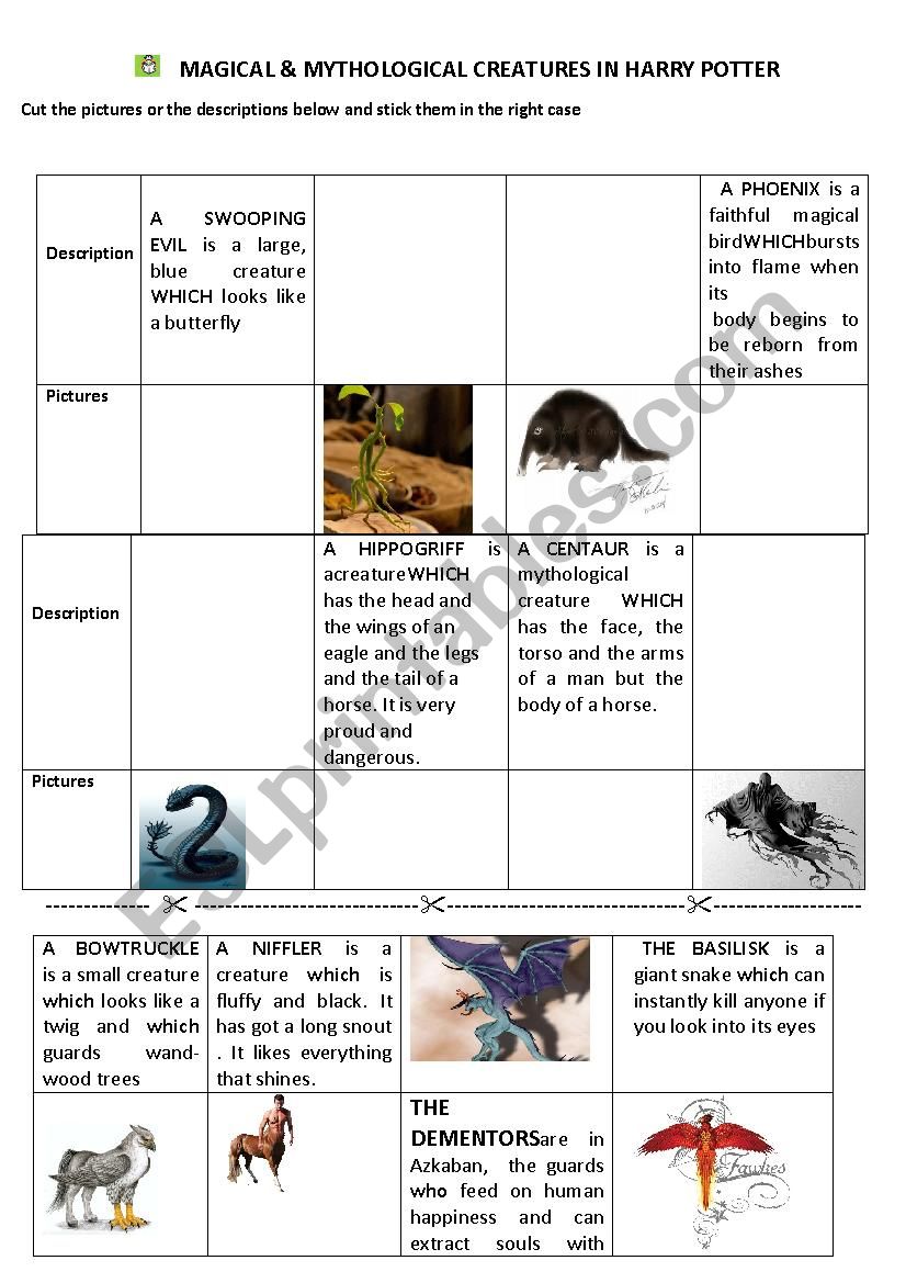 Mythical and Magical creatures in Harry Potter - ESL worksheet by kjules