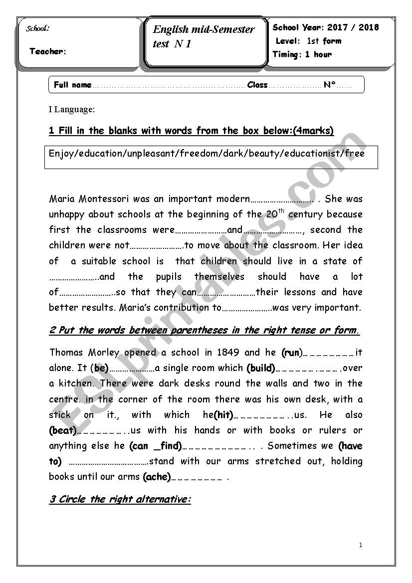 Mid_Semester Test N°1 1st Form