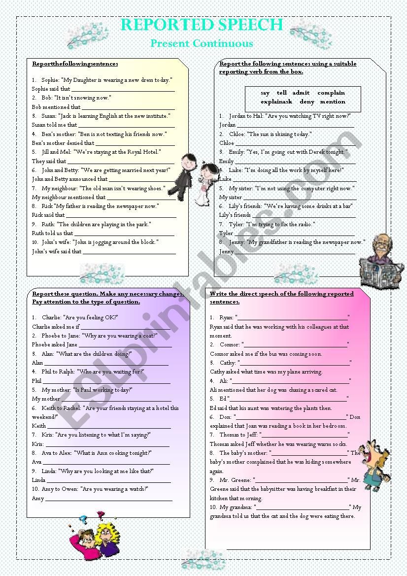 present continuous tense reported speech exercises