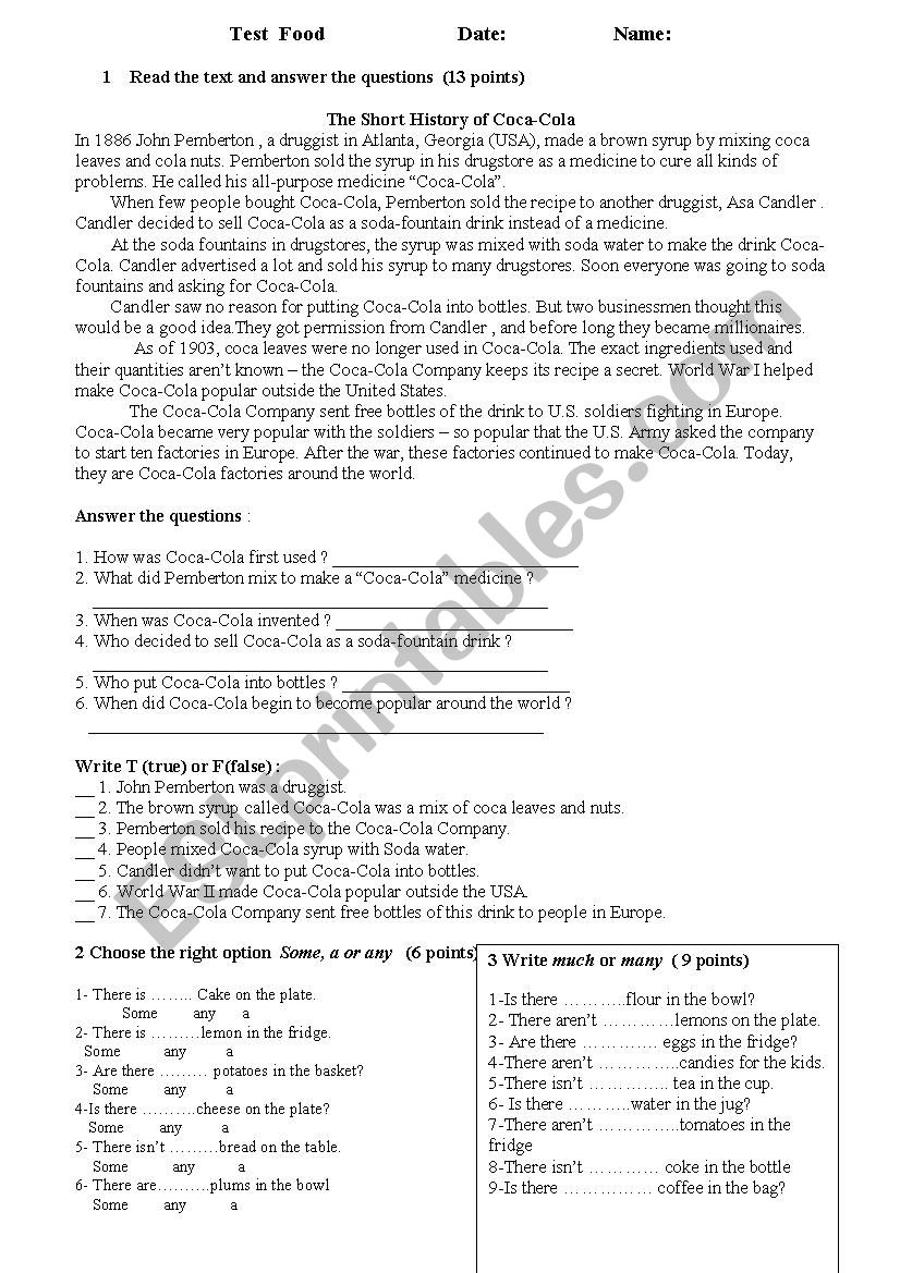 English  test - food worksheet