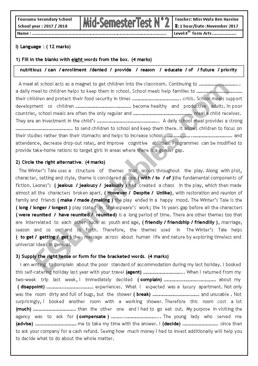 Mid-Semester Test N2 (fourth form Arts)