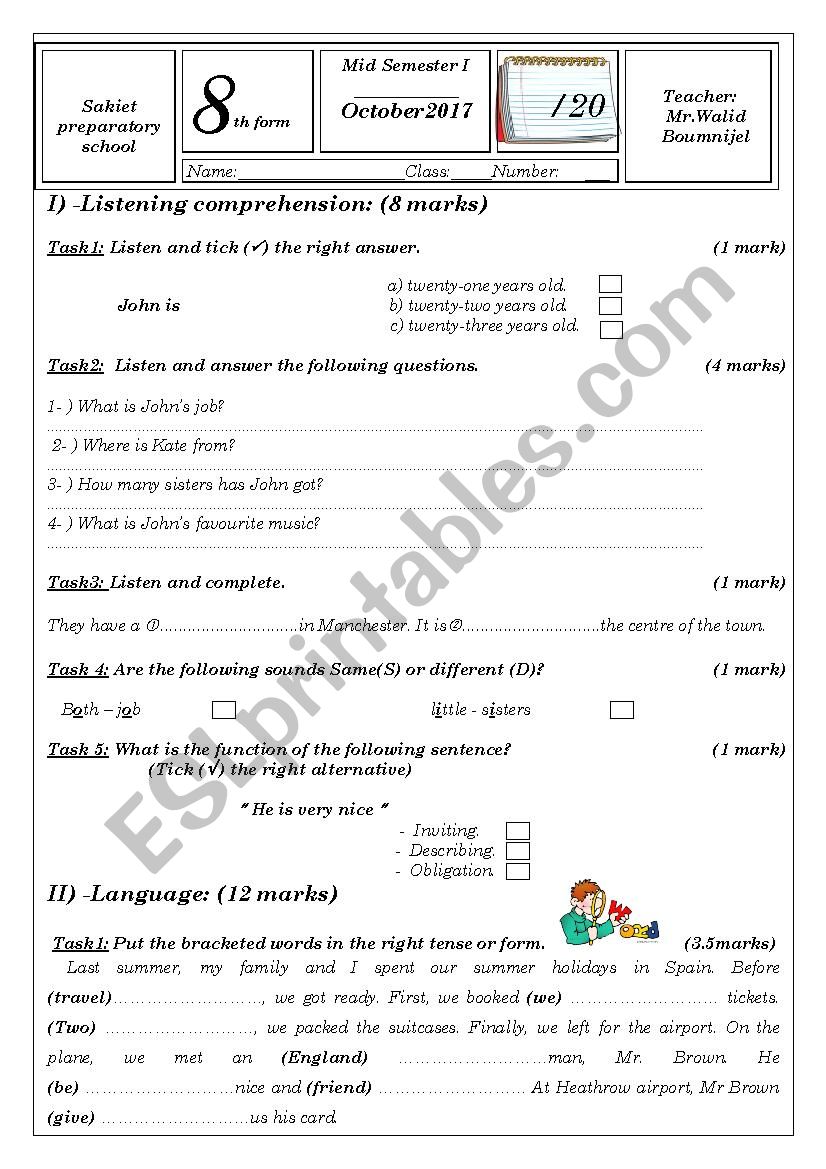 Mid semester 1 test  8th form + tape script