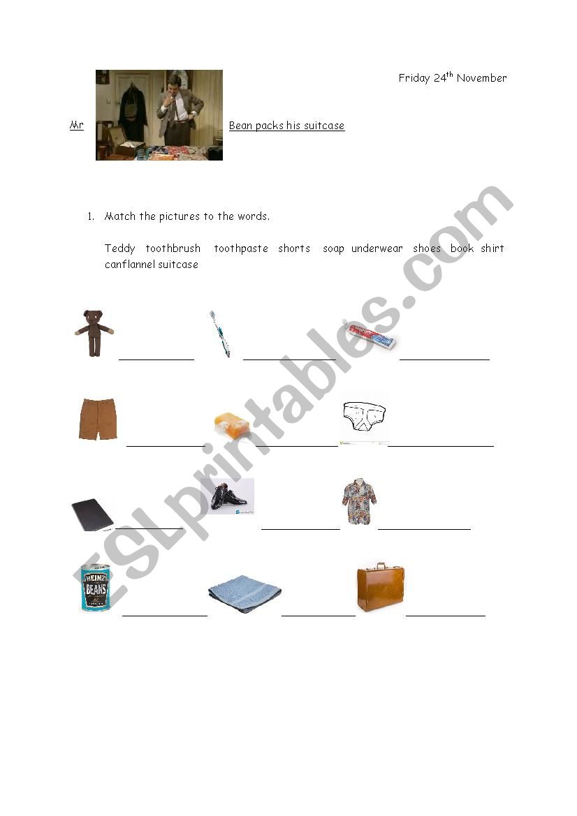 Mr Bean packing his suitcase vocab/word match 