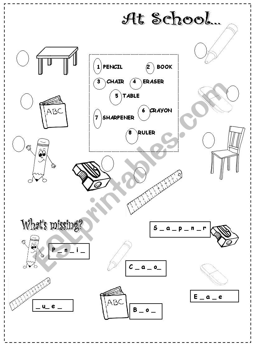 school objects  worksheet