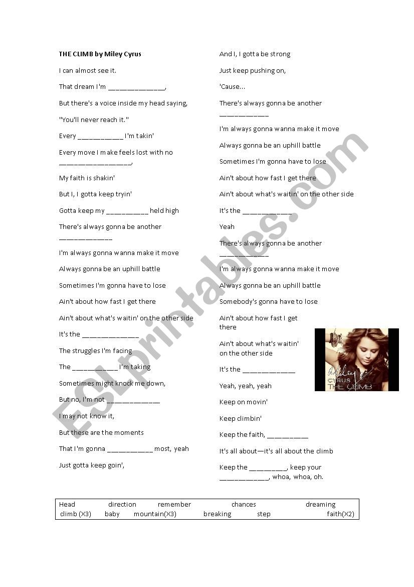 The climb by Miley Cyrus worksheet