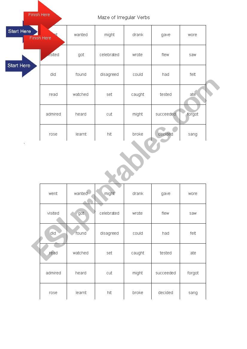 Maze of irregular verbs worksheet