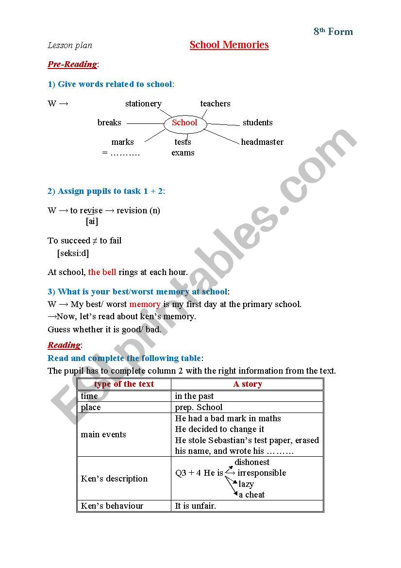 School Memories worksheet