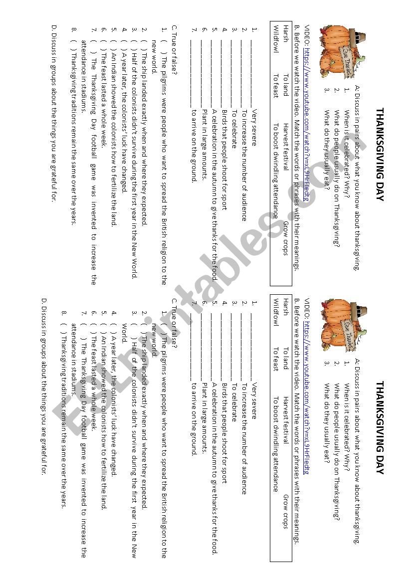 Thanksgiving video activity worksheet