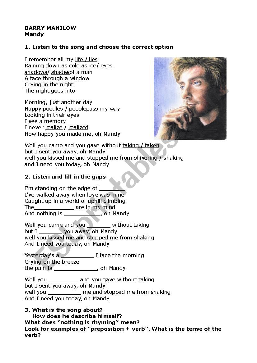 Mandy, song by Barry Manilow worksheet