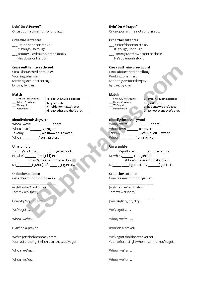 Lyric Living on a Prayer worksheet