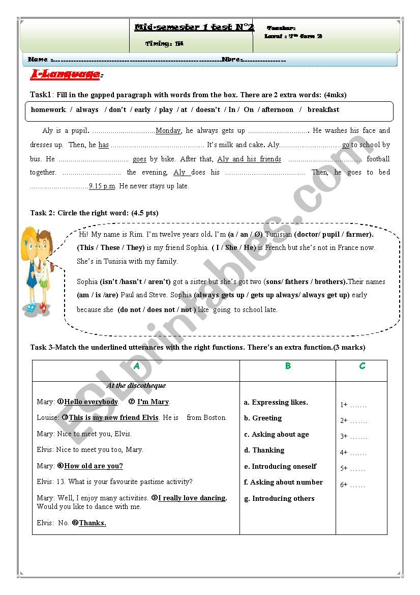 mid-semester 1 test N 2 7th form tunisian pupils