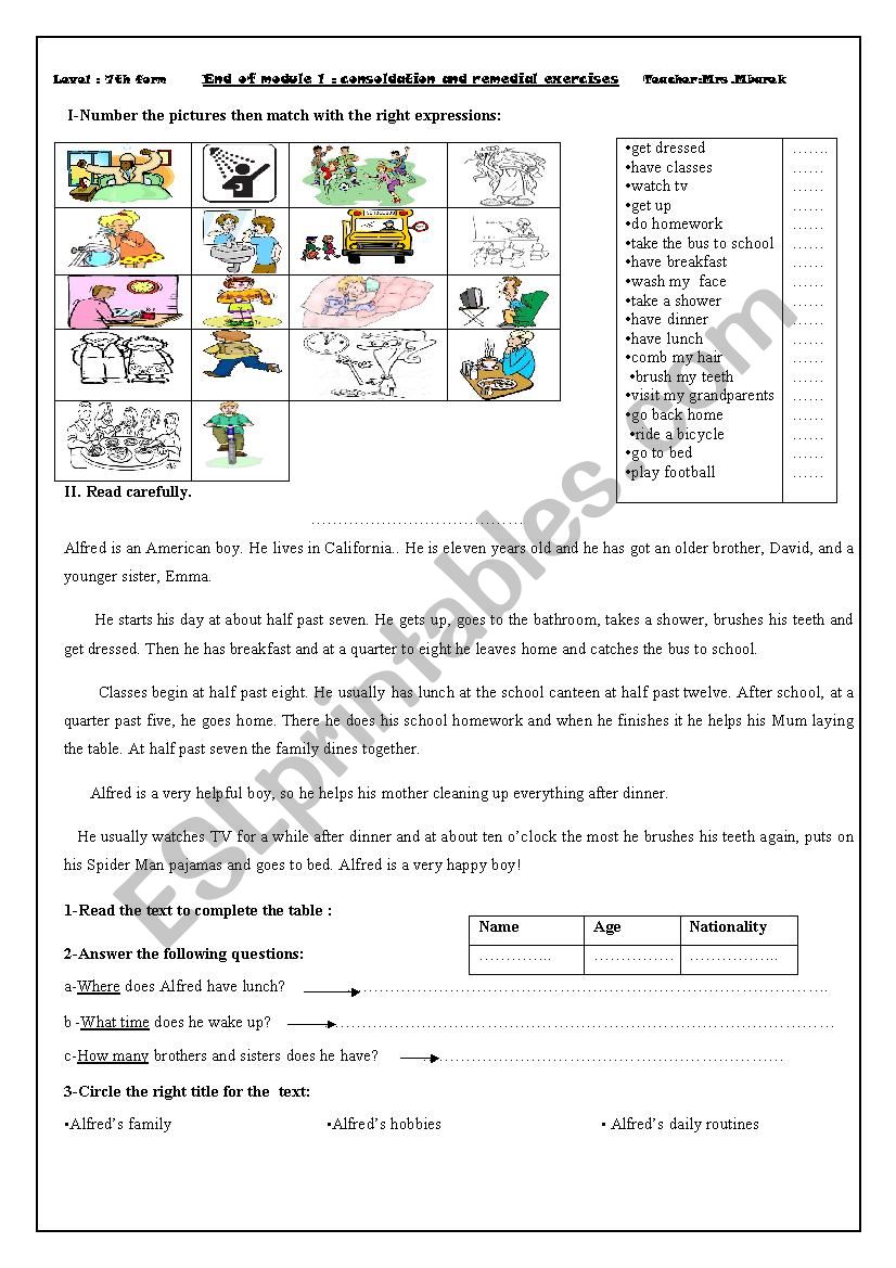 Consolidation and remedial exercises: end-module 1 7th form