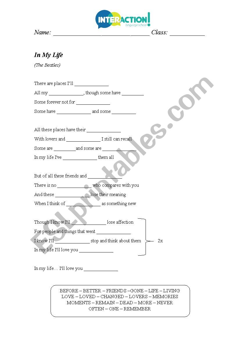 In my life - The Beatles worksheet