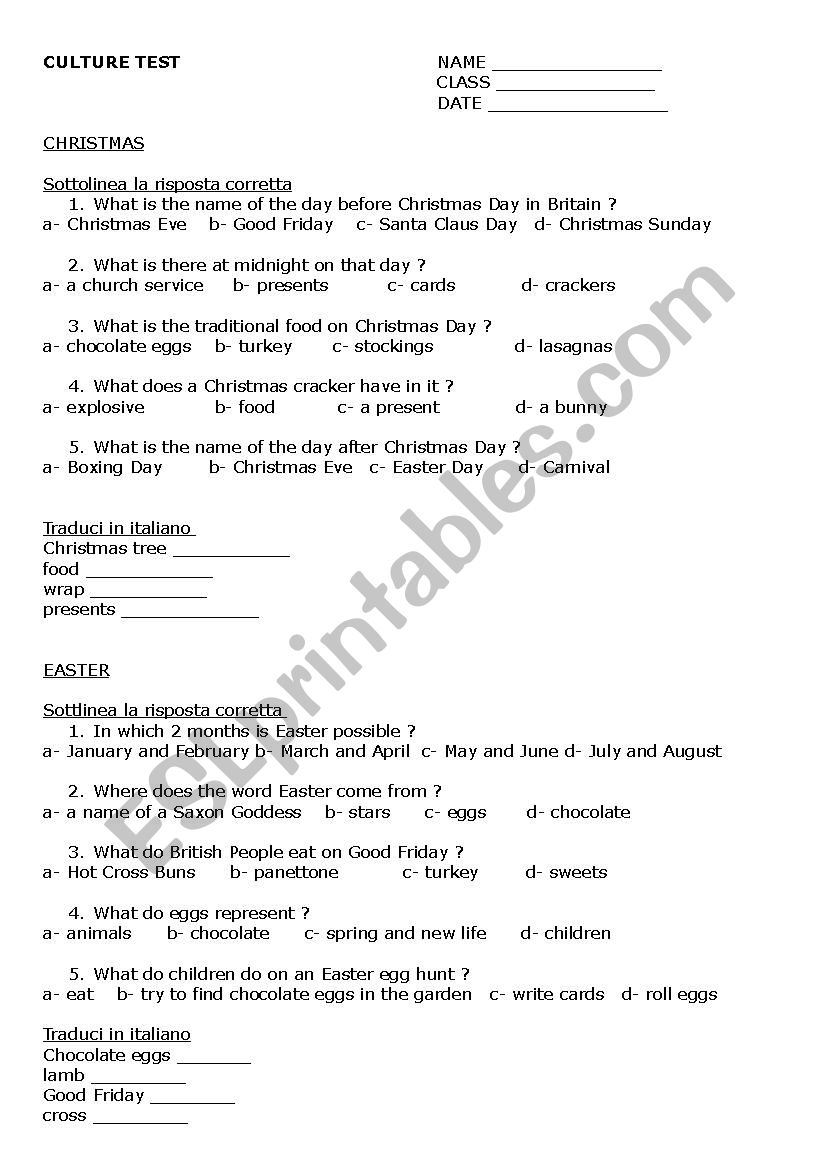 Culture Test Xmas and Easter worksheet